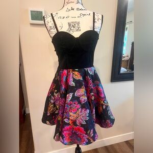 MINKPINK Strapless Convertible Dress. Black Faux Suede Bust and Tapestry Skirt